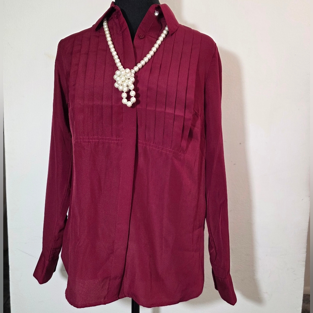 Talbots Women’s Burgundy Pleated Blouse Button Front Long Sleeve Shirt Size XS
